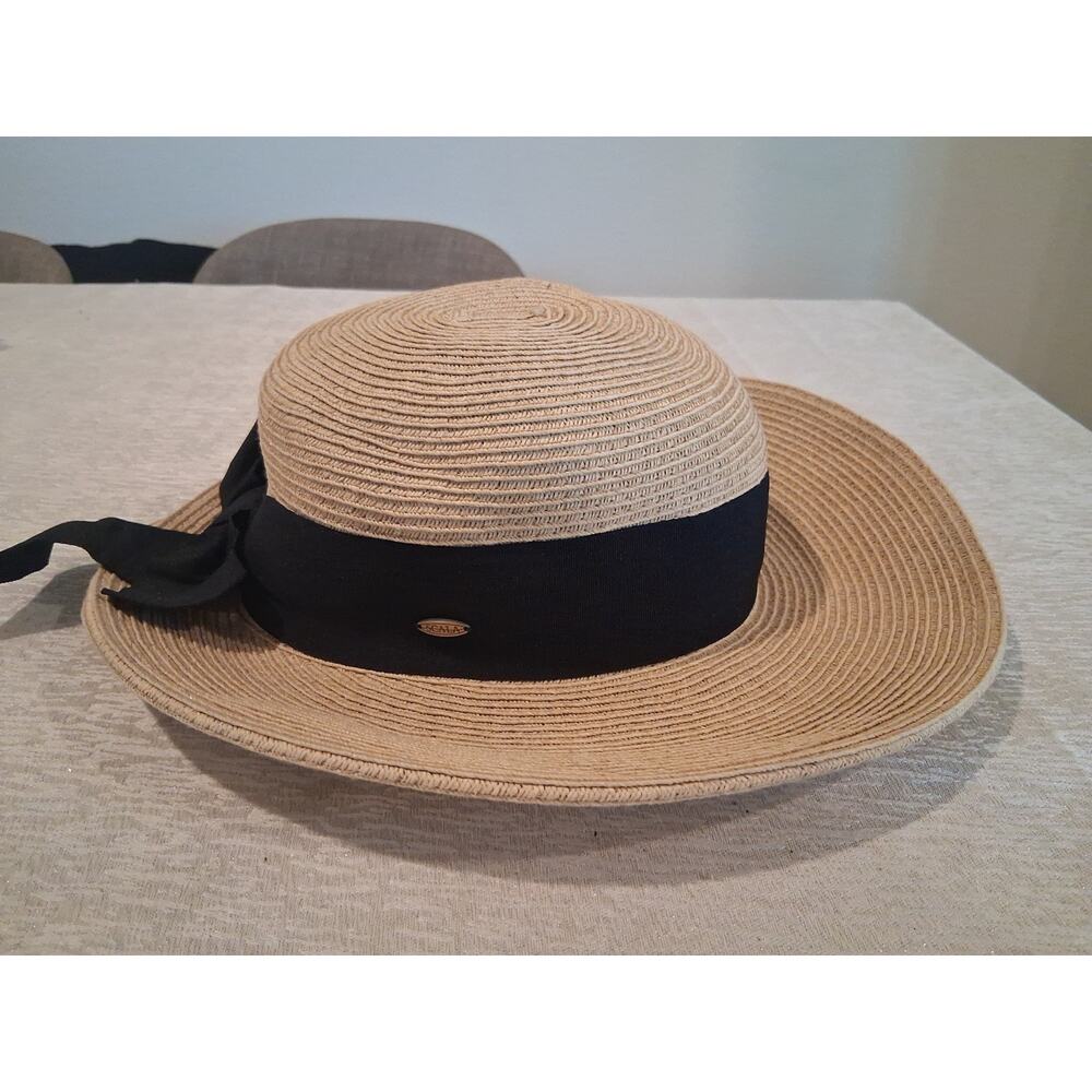 Scala Handmade Women's Tan Straw Floppy Sun Hat Black Ribbon Bow One Size O/S